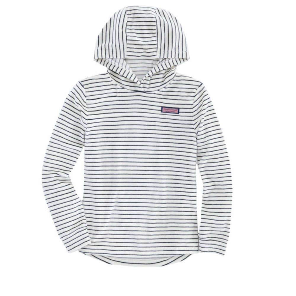 Vineyard Vines Kids Breton Stripe Velour Hood Nautical Pullover White Blue L 14